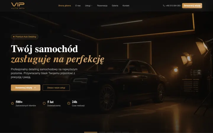 Strona główna VIP Auto Spa: ciemny hero ze zdjęciem samochodu i rezerwacją wizyty